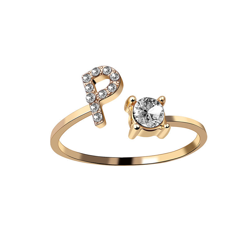 A-Z Letter Gold Color Metal Adjustable Opening Ring