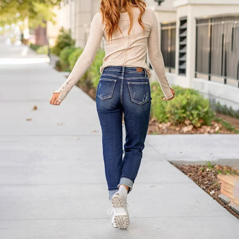 Distressed cuffed mid-rise ripped jeans